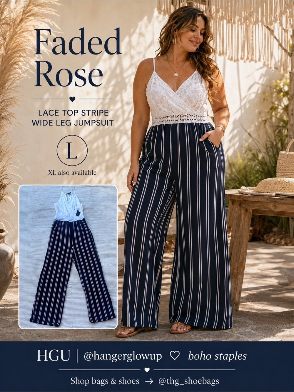Faded Rose Lace Top Stripe Wide Leg Jumpsuit White Navy Boho L and XL available